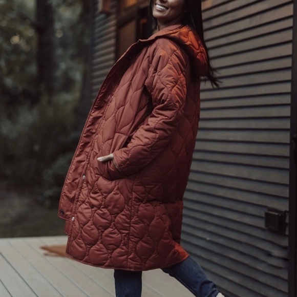 The Normal Brand Quilted Coat Size Small Hood Long Snap Close Burnt Orange NWT - Picture 7 of 15